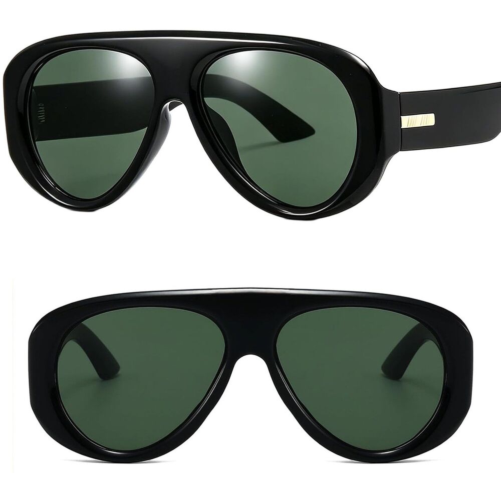 Oversized Unisex Black Green Shield Pilot Thick Frame Retro Fashion Sunglasses